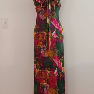70s Vintage V Neck Women's Size 7 Multicolor Knit Bohemian Maxi Halter Dress